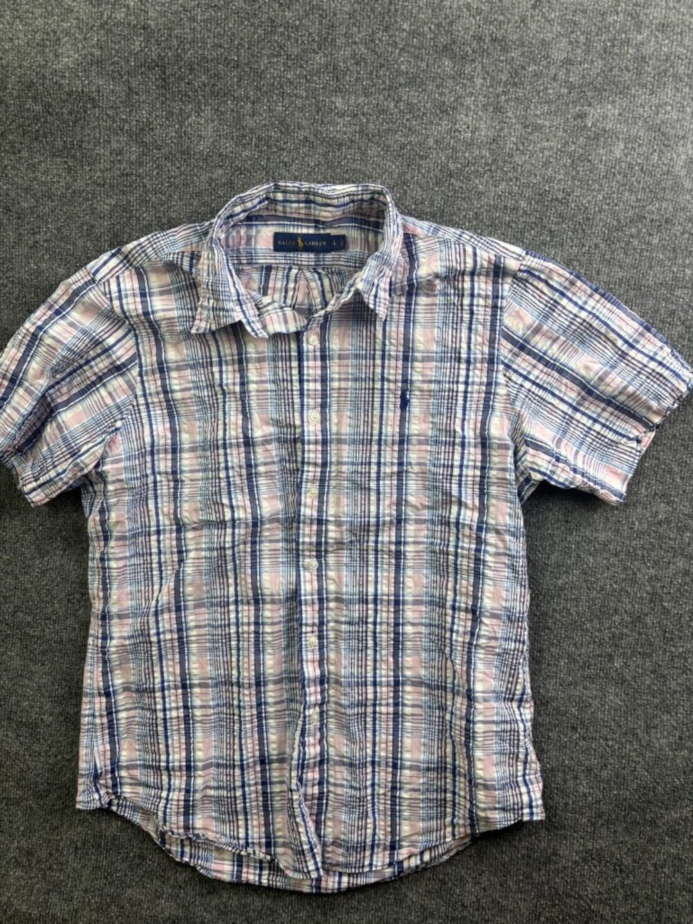Ralph Lauren Shirt Mens Large Blue Pink Plaid Short Sleeve Button Front Casual